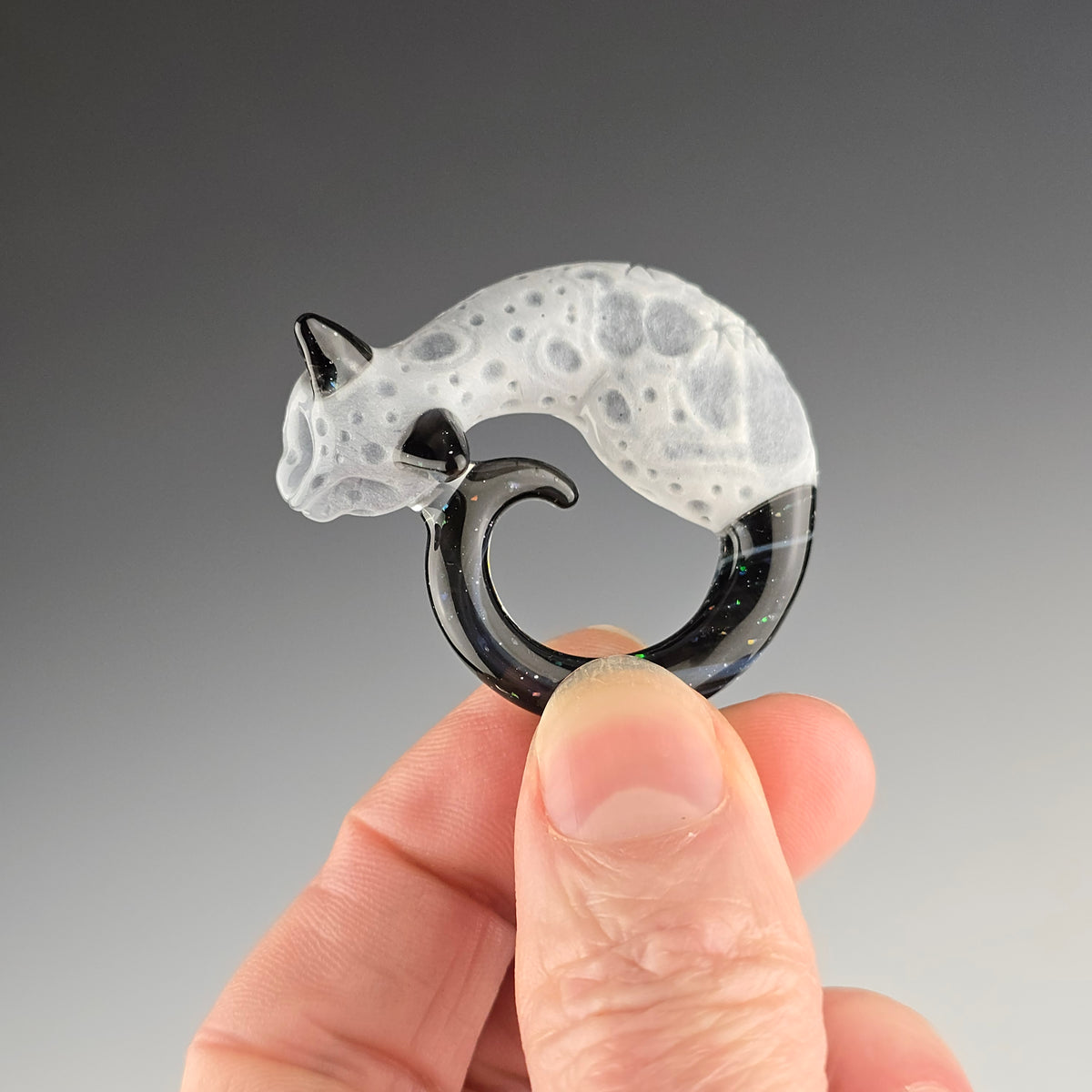 Glass Moon sleeping kitty pendant collab by Sagan Glass and Spiller Woods