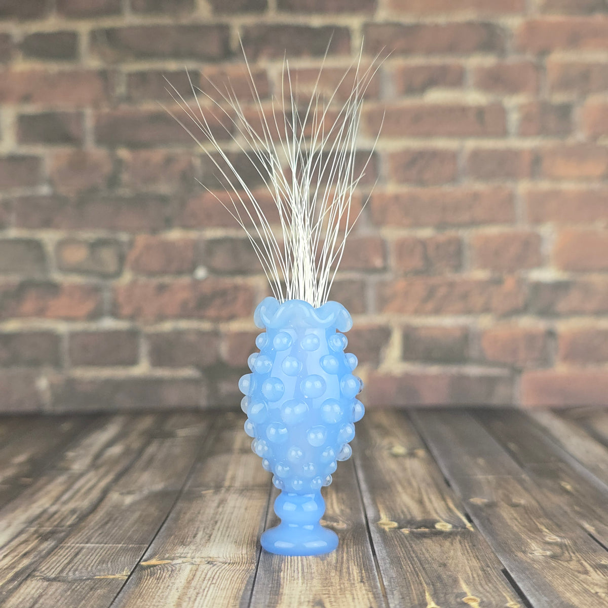 Tall Blue Milk UV Hobnail with Ruffled Rim Whisker Vase