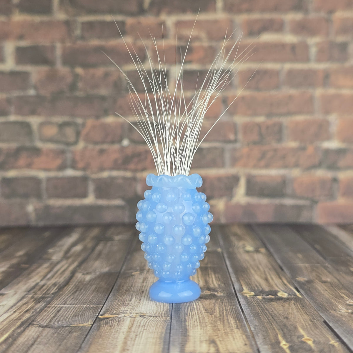 Blue Milk UV Hobnail with Ruffled Rim Whisker Vase