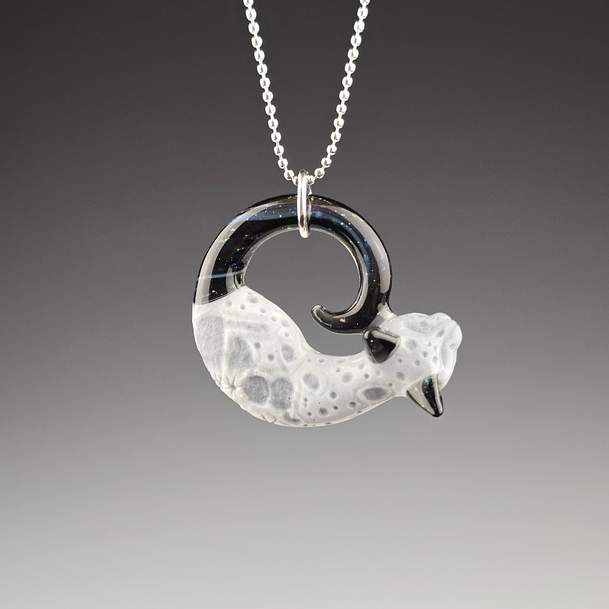 Glass Moon sleeping kitty pendant collab by Sagan Glass and Spiller Woods