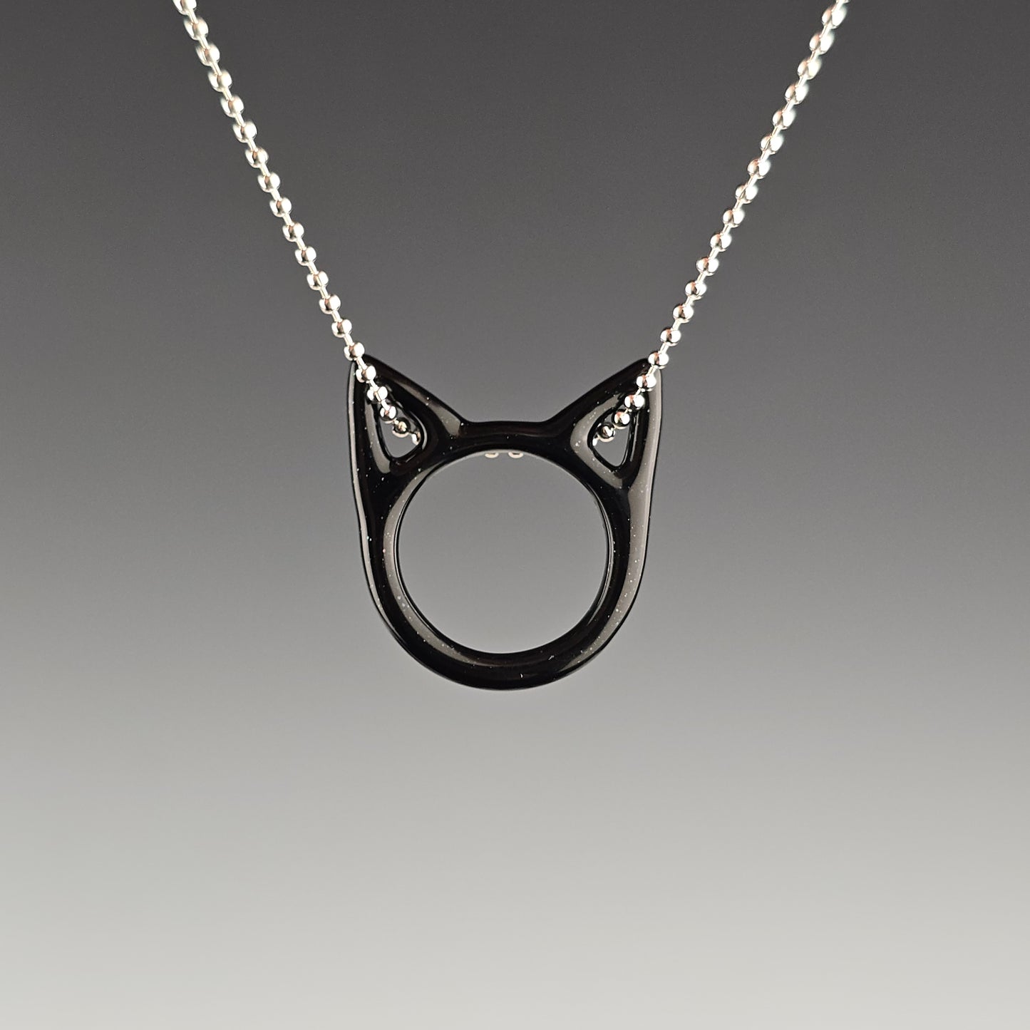 Handblown black cat kitty face necklace