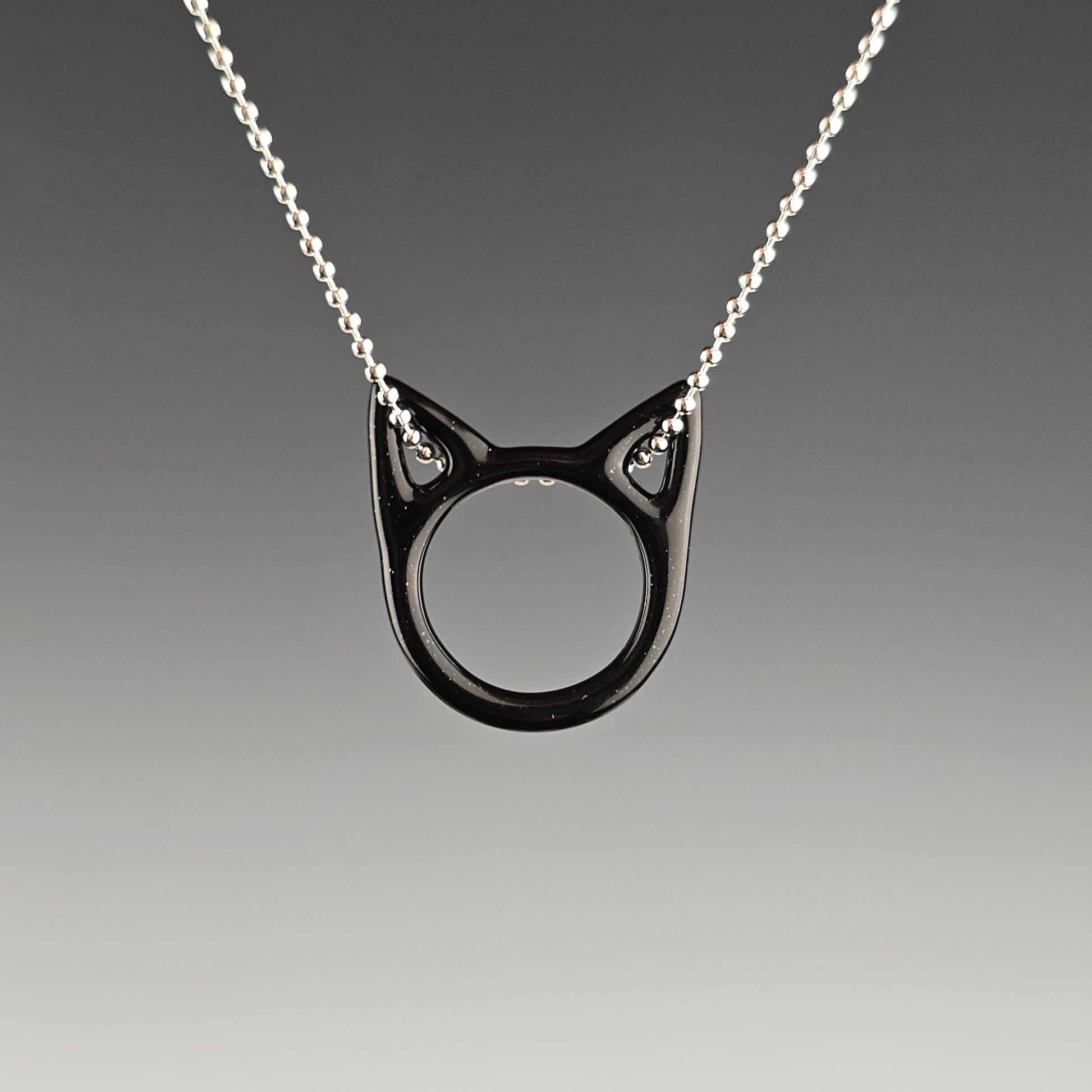Handblown black cat kitty face necklace