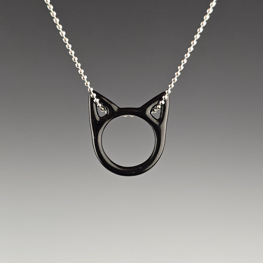Handblown black cat kitty face necklace