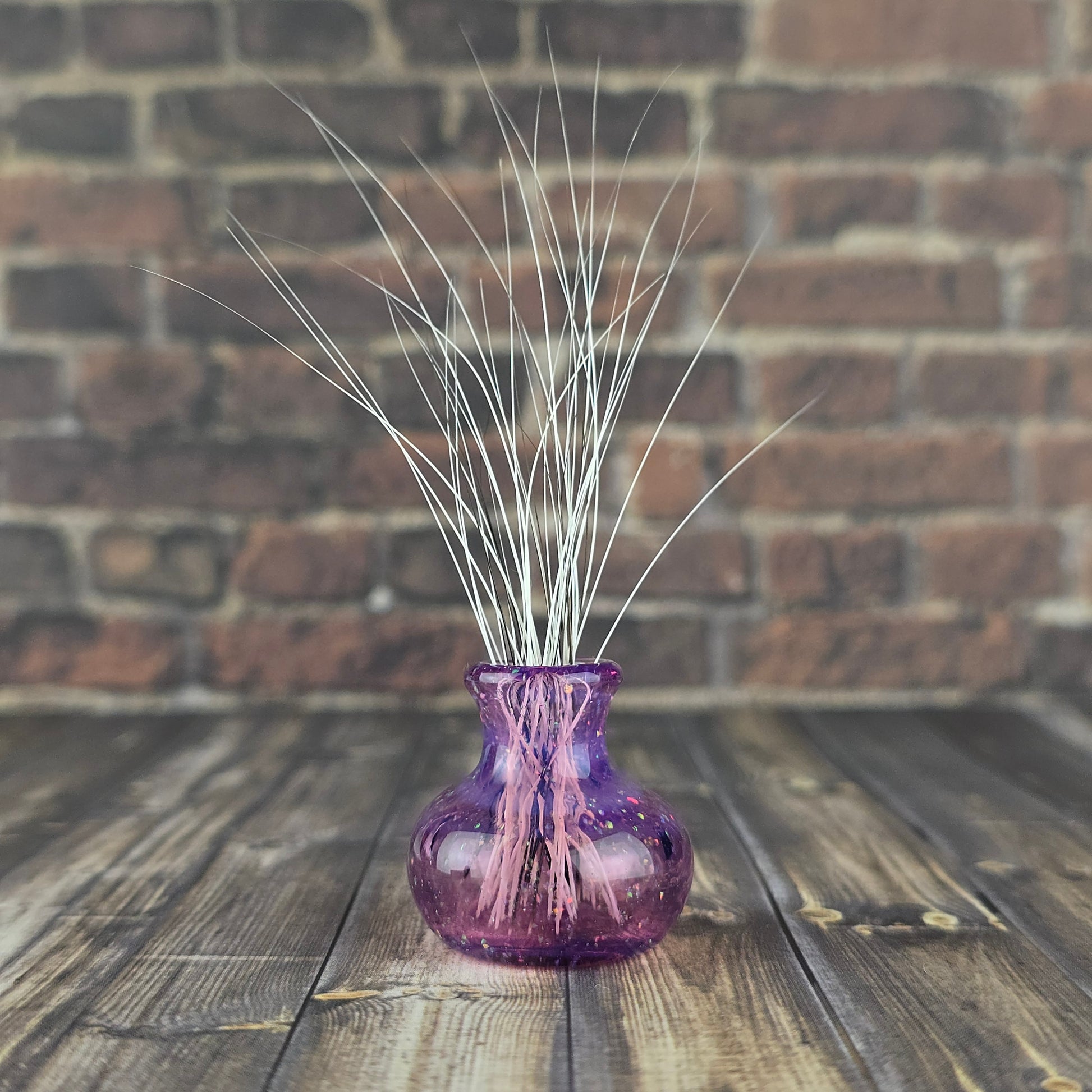 Miniature pink and crushed opal glass whisker vase