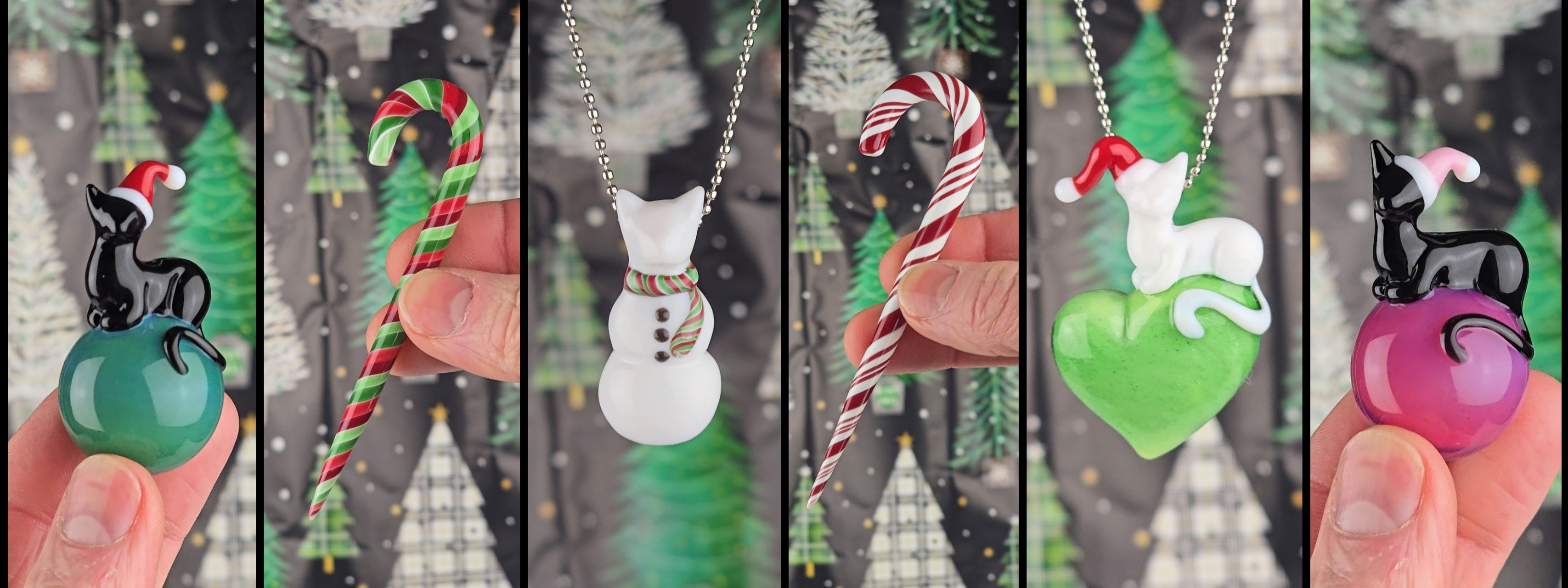 Collage of Christmas-themed glass marbles, pendants and candy canes held by hands against a festive background.