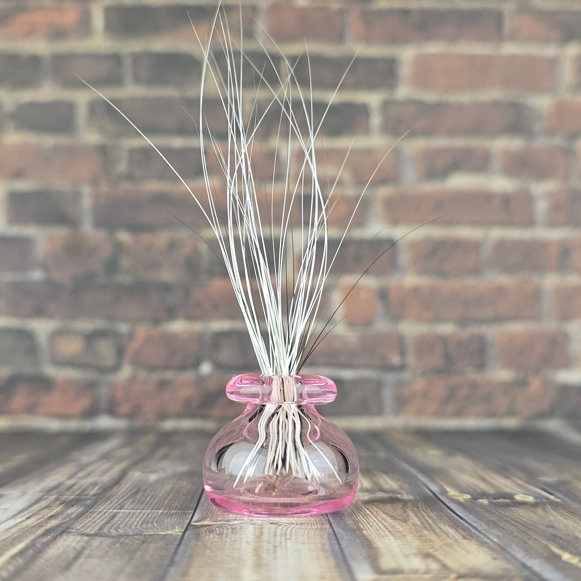 Miniature hand blown pink glass vase filled with found fallen cat whiskers