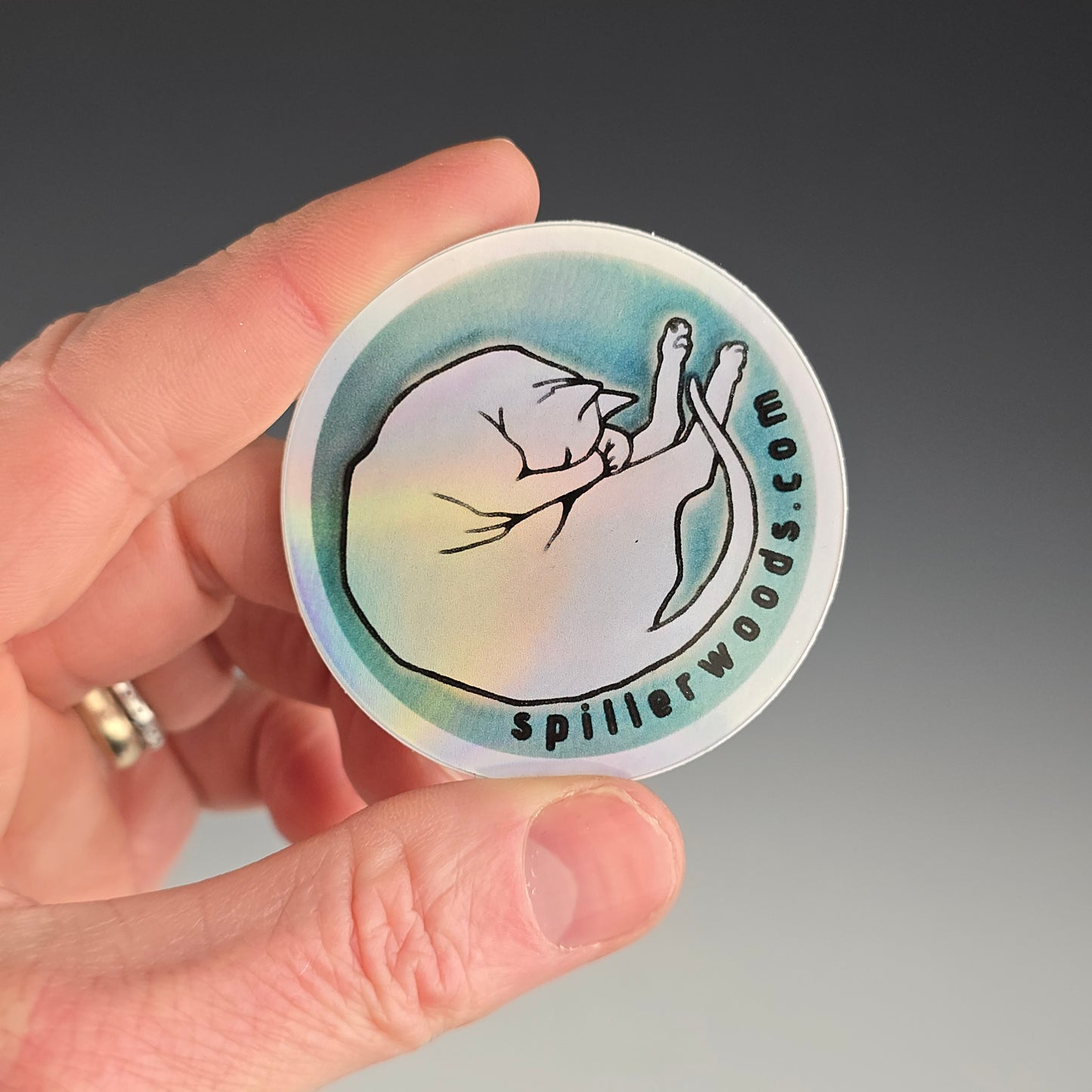 2" round holographic sticker with a white cat in shrimpin' pose and a blue background