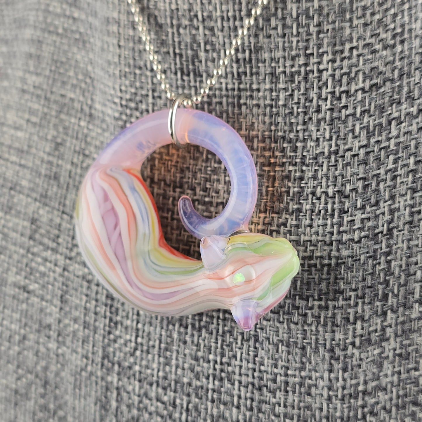 trip a pastel coogi pattern glass sleeping kitty pendant with Annie Woods Spiller woods featuring an opal in it's third eye