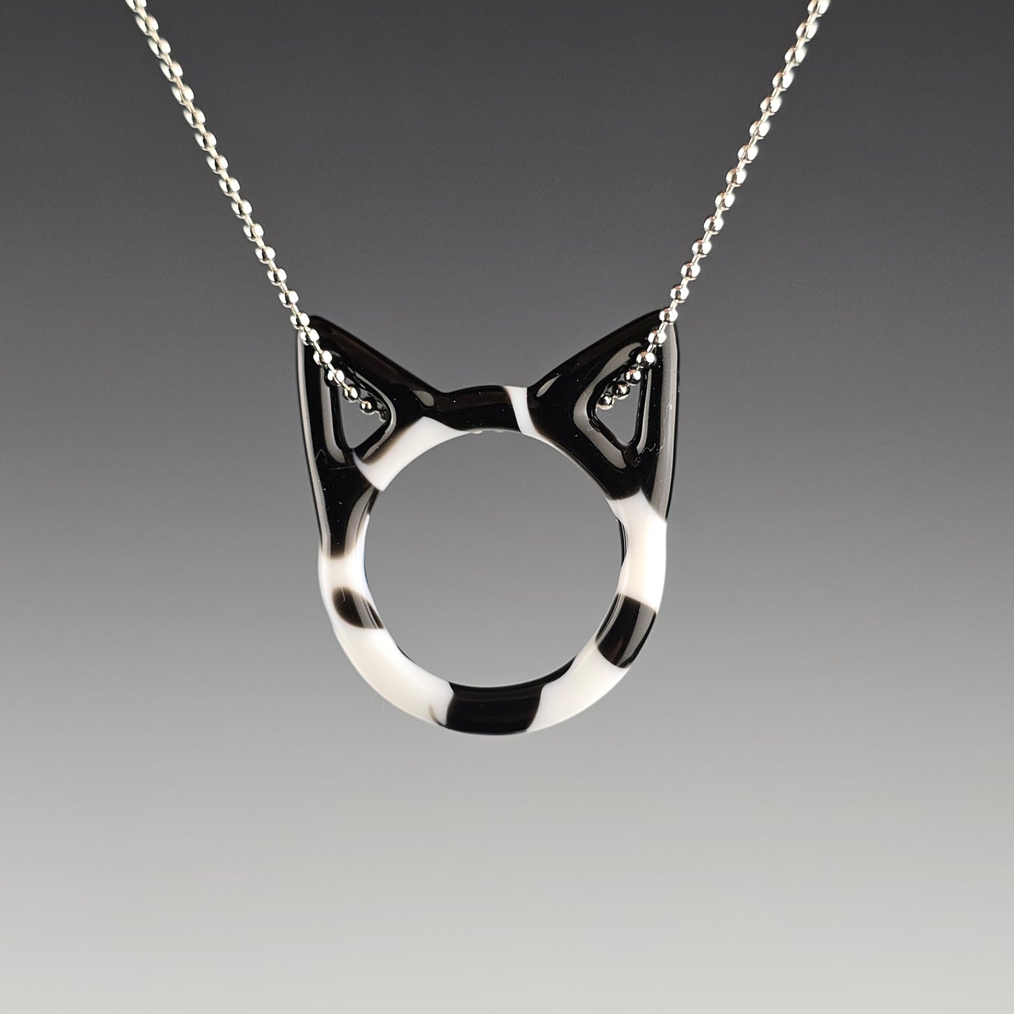 cow kitty glass kitty face necklace on a silver ball chain