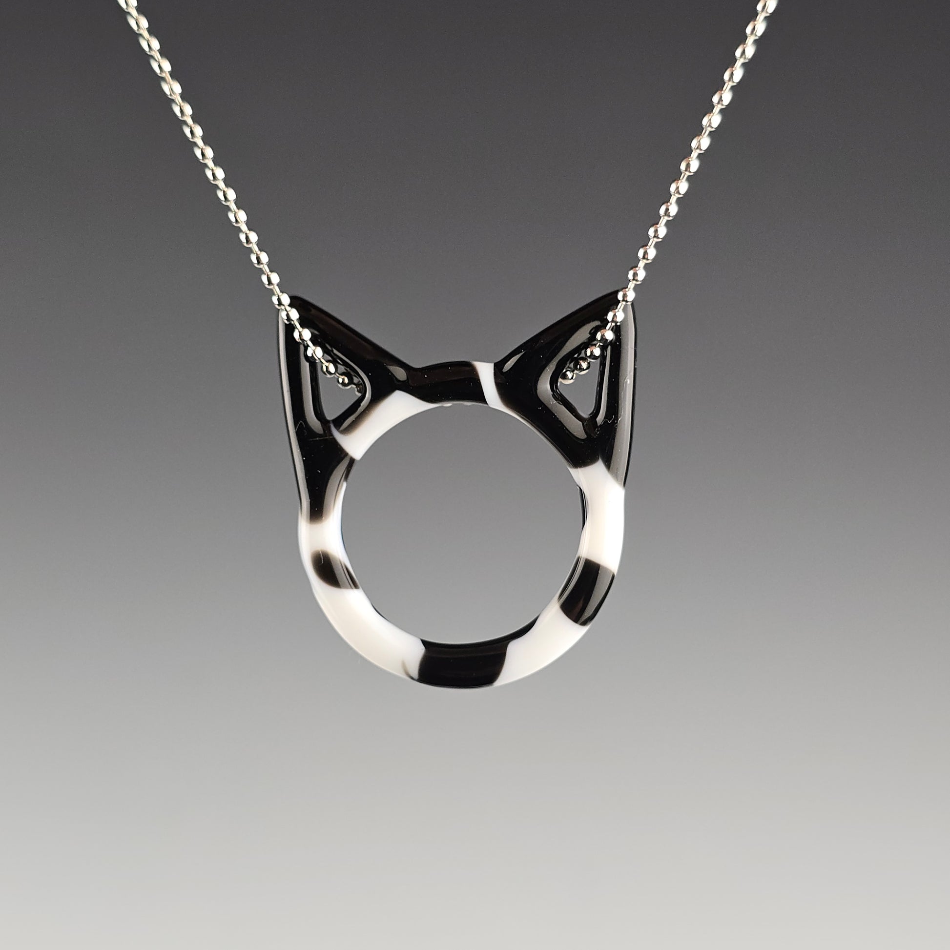 cow kitty glass kitty face necklace on a silver ball chain