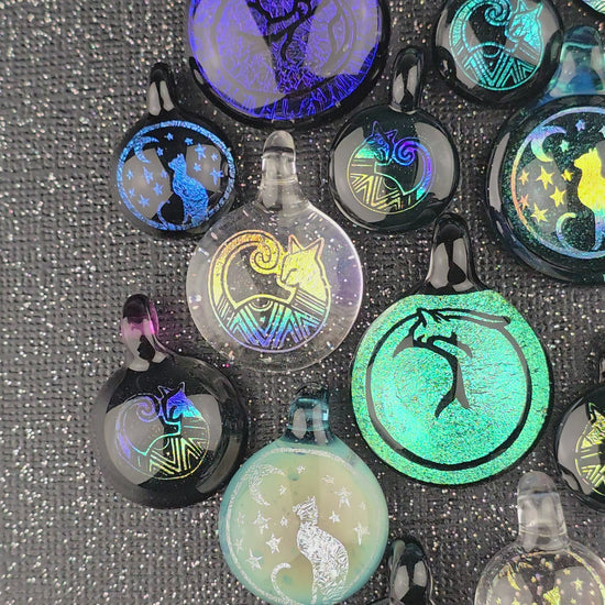 dichroic glass pendants with images of cats