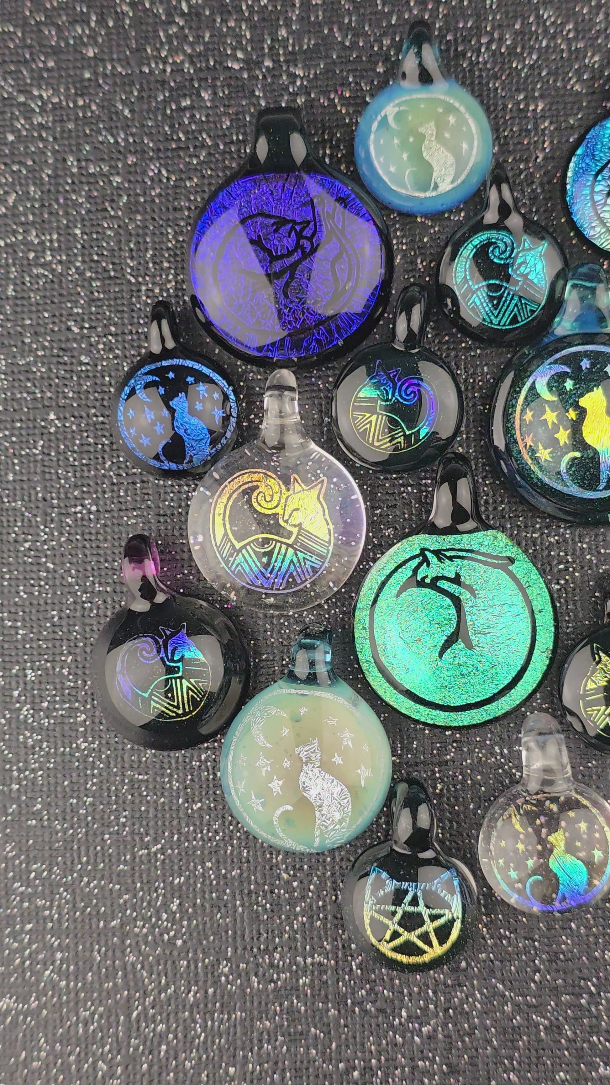 dichroic glass pendants with images of cats
