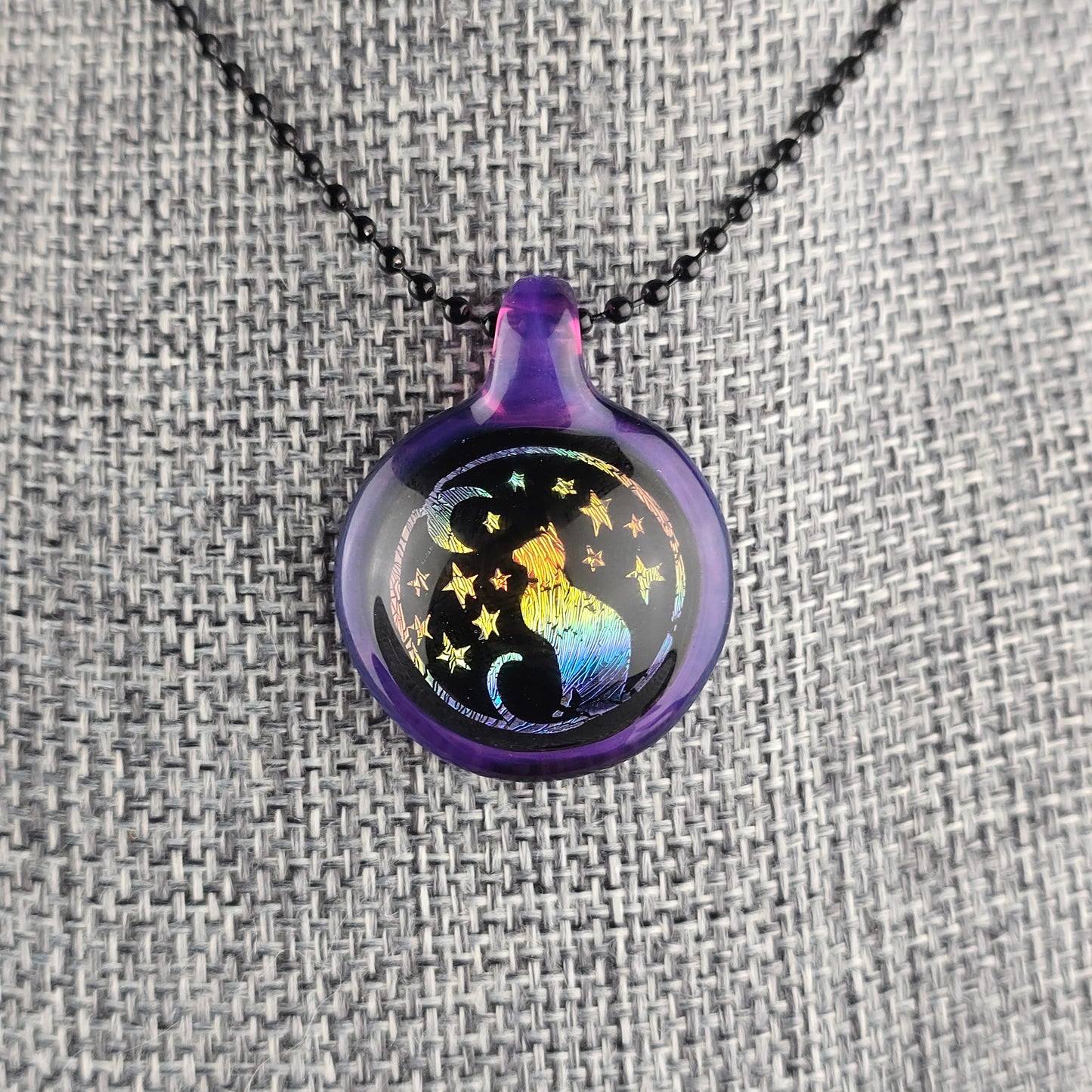 Rainbow Dichro Moon & Stars Kitty with Amethyst Frame