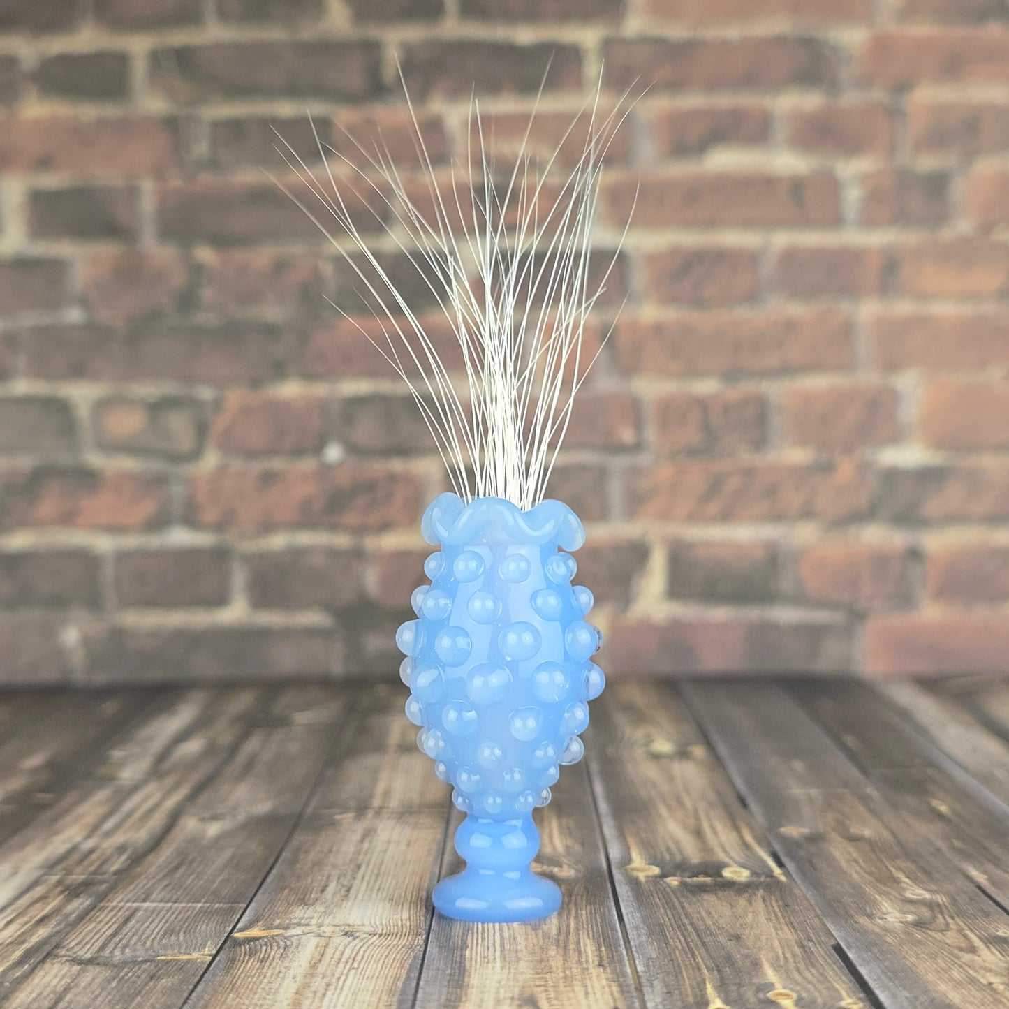 Tall Blue Milk UV Hobnail with Ruffled Rim Whisker Vase