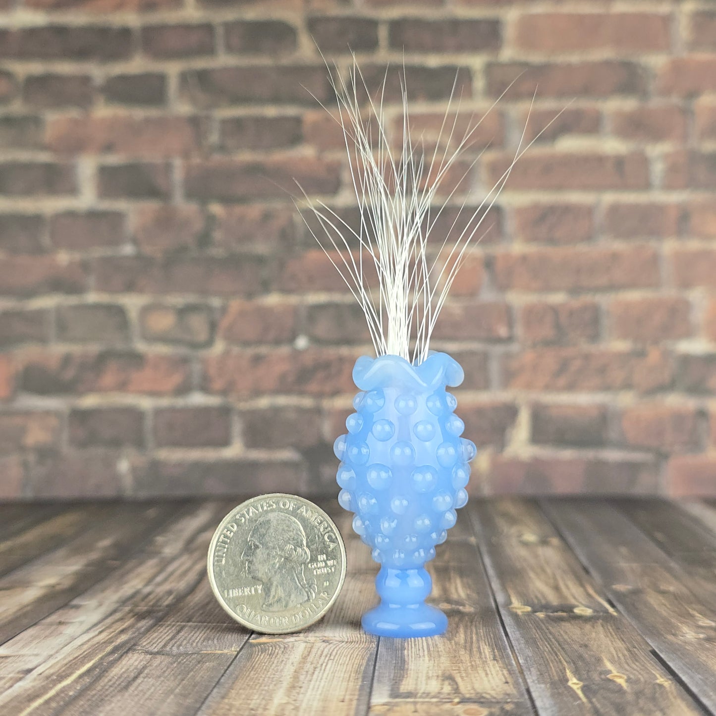 Tall Blue Milk UV Hobnail with Ruffled Rim Whisker Vase