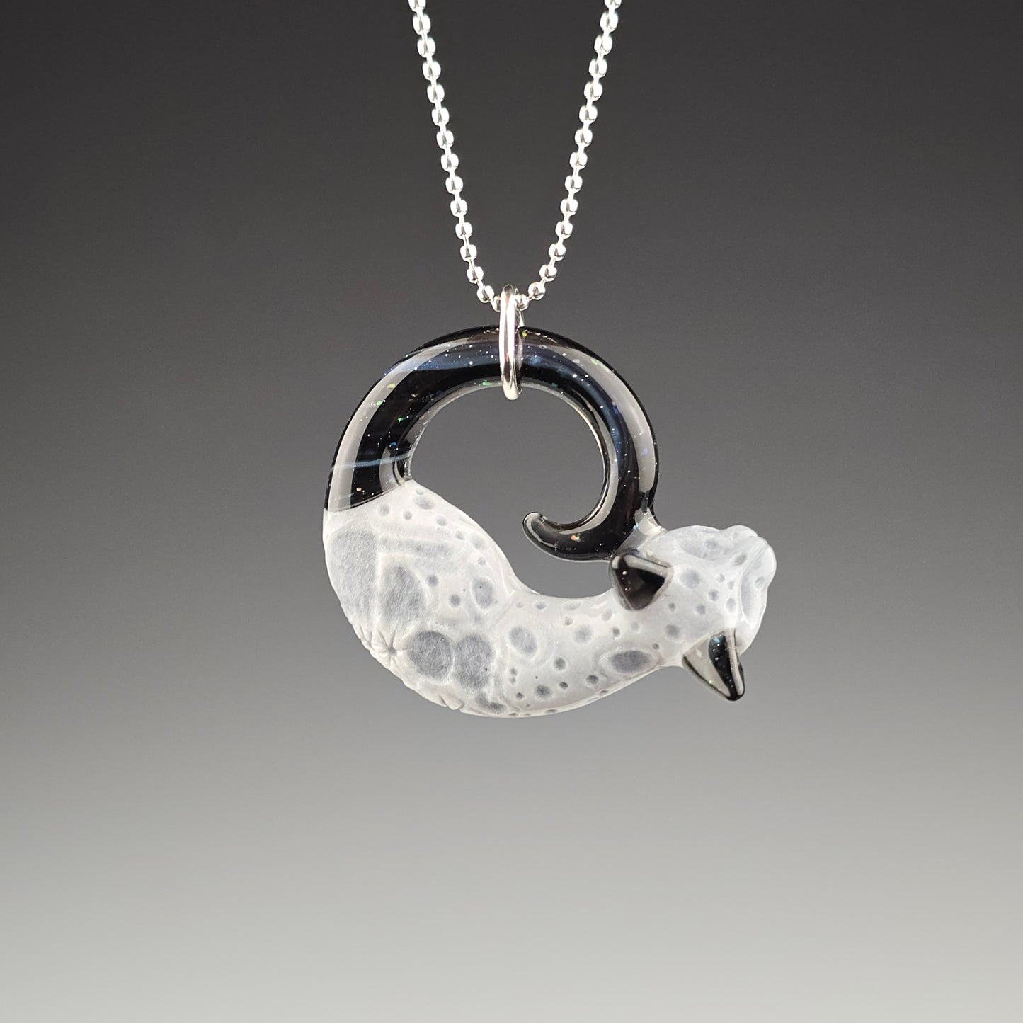 Glass Moon sleeping kitty pendant collab by Sagan Glass and Spiller Woods