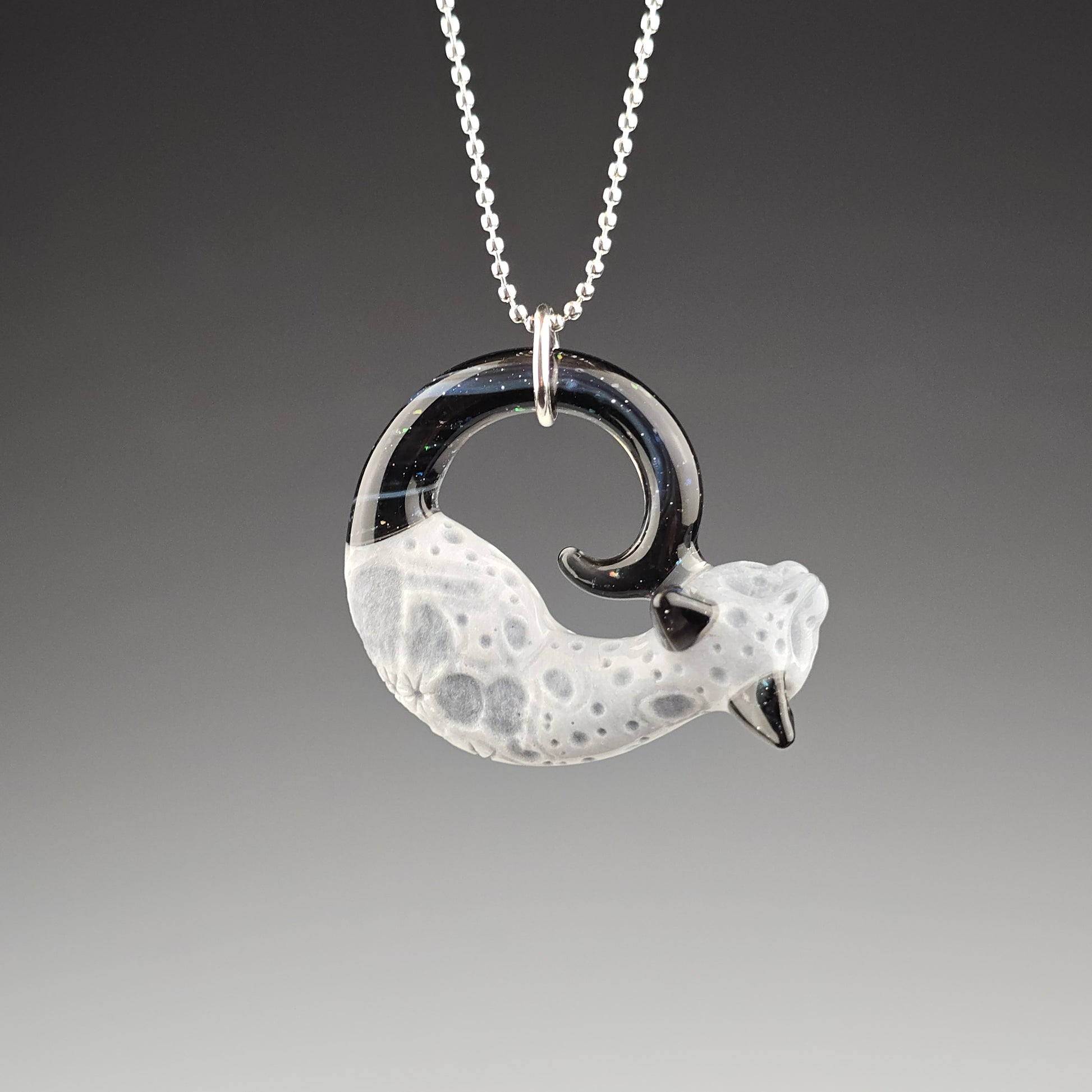 Glass Moon sleeping kitty pendant collab by Sagan Glass and Spiller Woods